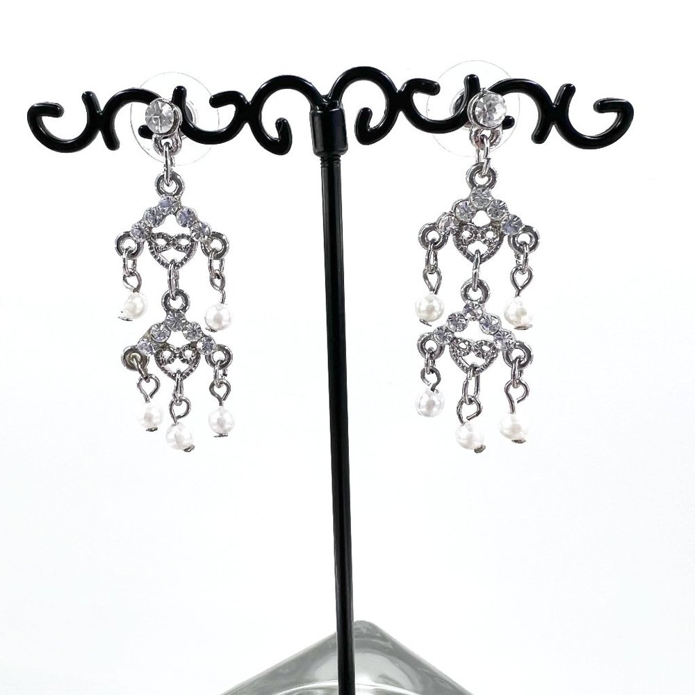 Up-Cycled - Faux Pearl Jeweled Heart Accented Silver Tone Chandelier Earrings